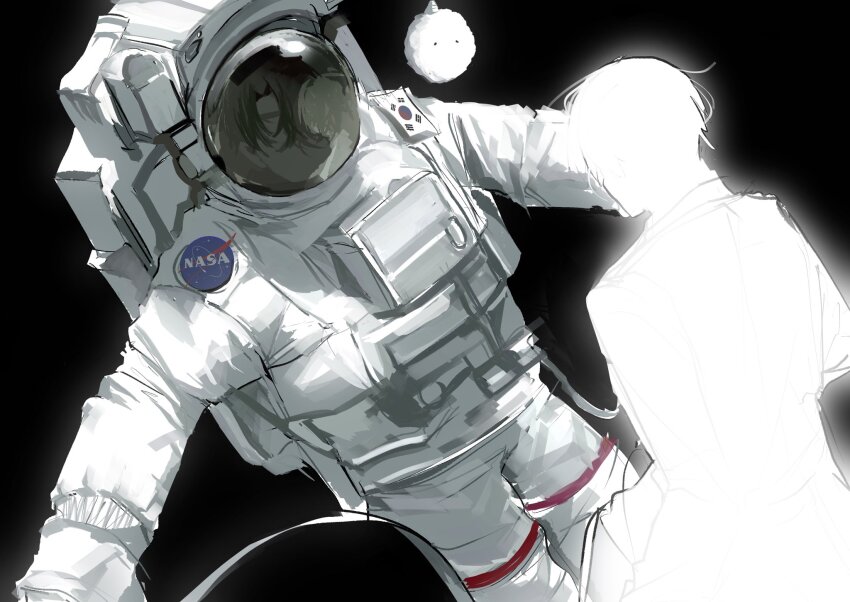 2boys animal astronaut biyoo_(omniscient_reader&#039;s_viewpoint) black_hair facing_another feet_out_of_frame glowing hashtag-only_commentary helmet highres jdjoaaa kim_dokja logo male_focus multiple_boys nasa nasa_logo omniscient_reader&#039;s_viewpoint outstretched_arms short_hair silhouette south_korean_flag space_helmet spacesuit tether yoo_joonghyuk