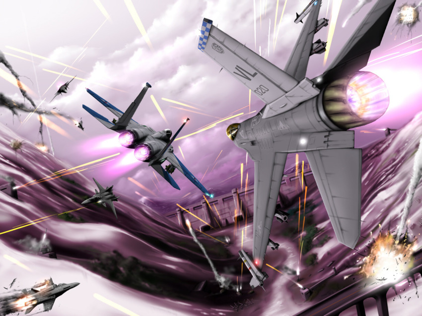 ace_combat ace_combat_zero aerial_battle afterburner aircraft airplane anti-aircraft anti-aircraft_gun bandai_namco battle bridge cipher_(ace_combat) cloud dam epic explosion f-15 f-15_eagle f-16 fighter_jet firing gun military military_vehicle missile namco no_humans patrick_james_beckett projectile_trail su-47_berkut tracer_ammunition vehicle_focus war weapon zephyr164