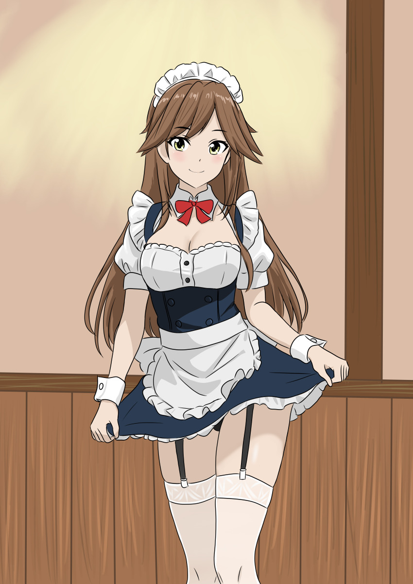 1girl absurdres apron arashio_(kancolle) black_panties black_skirt bone_namu(namu49850) brown_eyes brown_hair commentary_request feet_out_of_frame garter_straps highres kantai_collection long_hair looking_at_viewer maid_headdress panties pantyshot shirt skirt skirt_hold solo standing thighhighs underwear white_apron white_shirt white_thighhighs