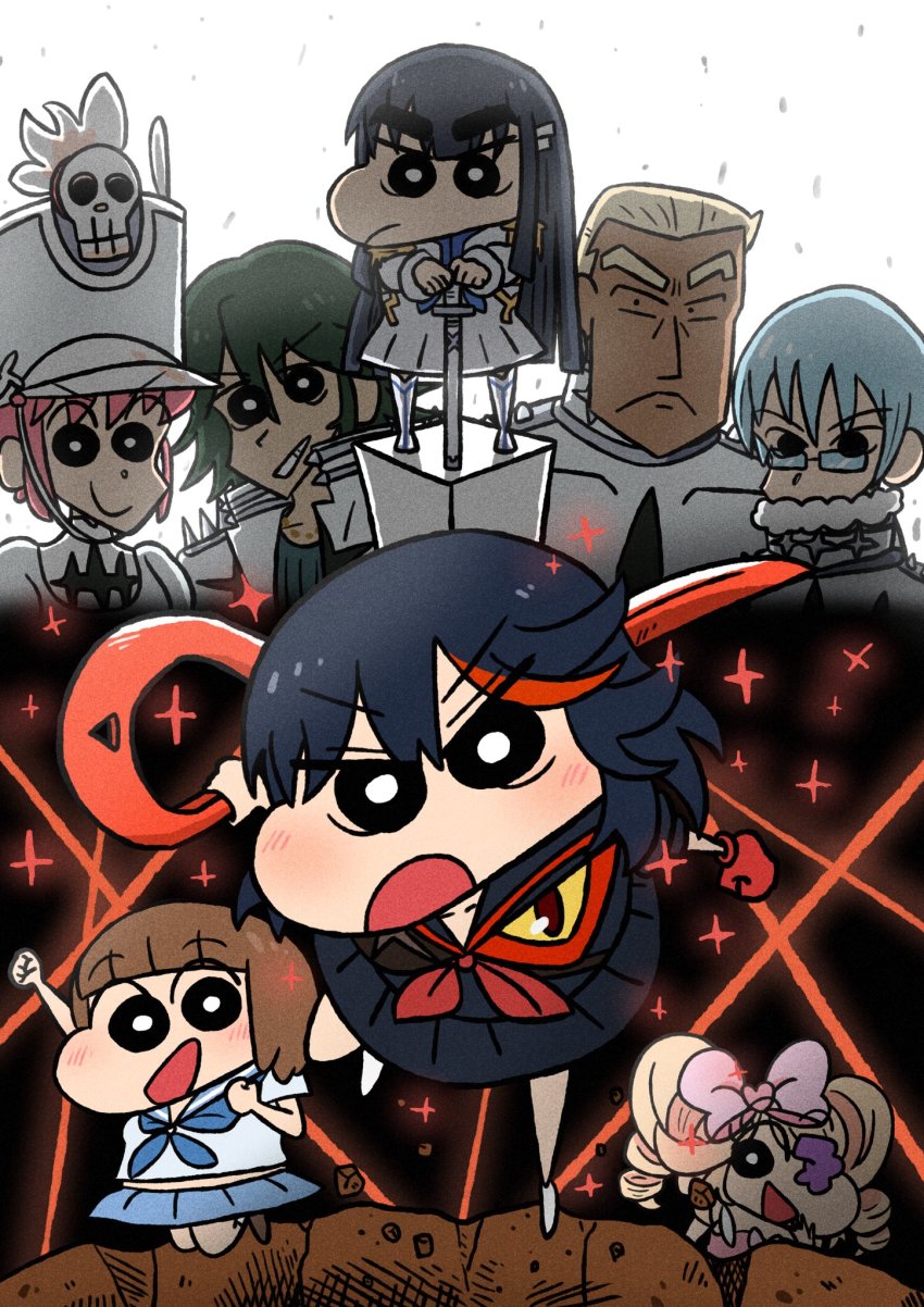 3boys 5girls alternate_costume black_hair blonde_hair blue_hair blush brown_hair chiban closed_mouth cosplay crayon_shin-chan crossover eyepatch gamagoori_ira glasses green_hair hair_ribbon harime_nui hat highres hime_cut inumuta_houka jakuzure_nonon kill_la_kill kiryuuin_satsuki long_hair mankanshoku_mako matoi_ryuuko multicolored_hair multiple_boys multiple_girls open_mouth parody pink_hair ribbon sanageyama_uzu school_uniform scissor_blade_(kill_la_kill) shaded_face shadow skirt skull smile sword thick_eyebrows twintails weapon