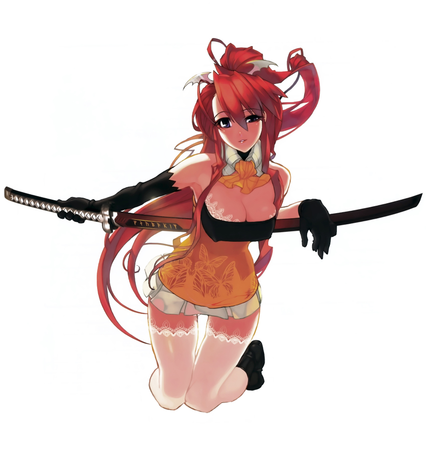 1girl absurdres bare_shoulders black_gloves blue_eyes blush breasts cleavage covered_erect_nipples detached_collar elbow_gloves female_focus full_body gloves hair_ornament highres ignis_(jingai_makyou) jingai_makyou jumping katana kneeling lace lace-trimmed_legwear lace_trim long_hair looking_at_viewer miniskirt namaniku_atk parted_lips ponytail red_hair scan sidelocks simple_background skirt solo sword thigh_gap thighhighs very_long_hair weapon white_background white_thighhighs zettai_ryouiki