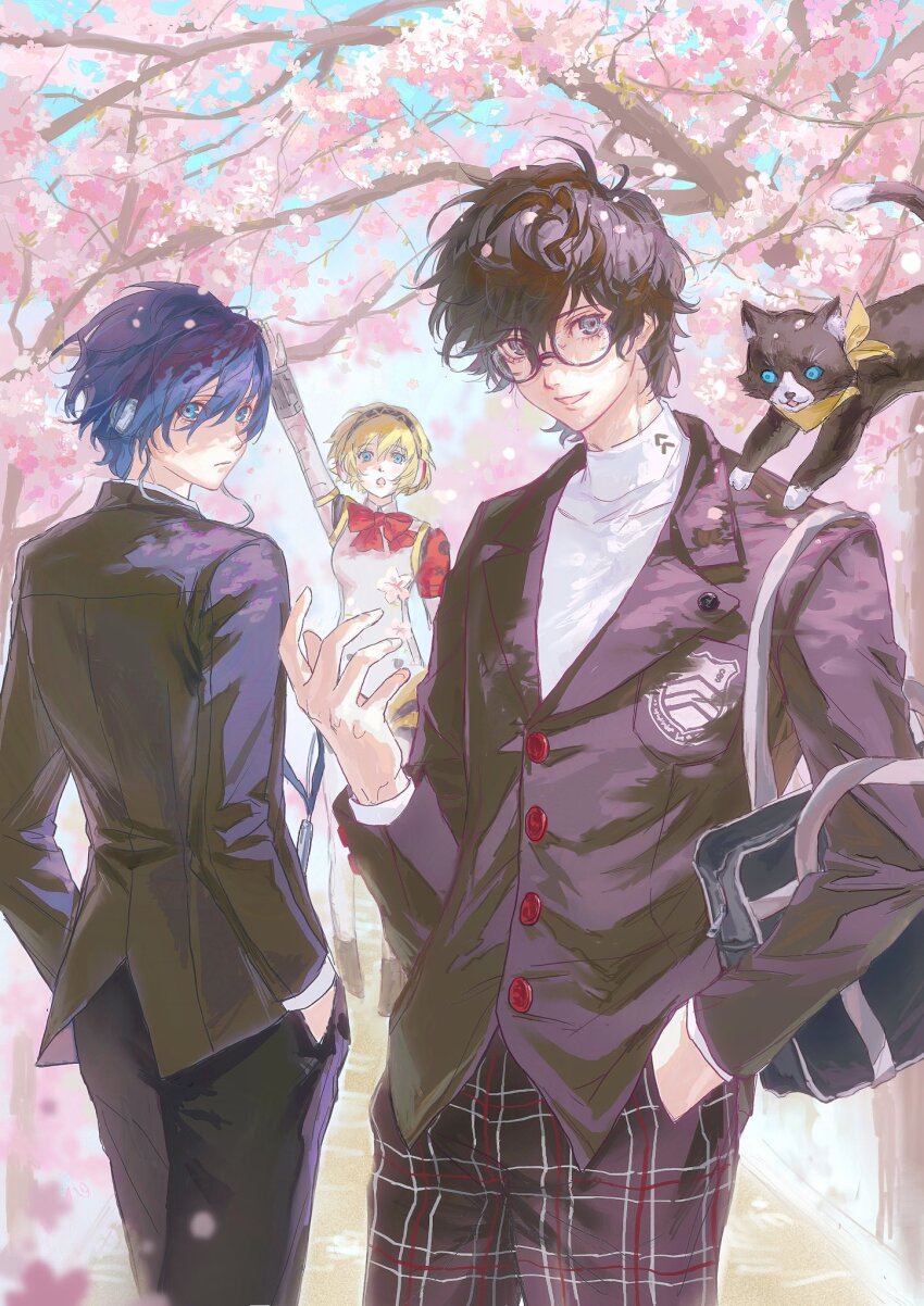 1girl 2boys :o aigis_(persona) amamiya_ren animal animal_on_shoulder arm_up armband bag black-framed_eyewear black_cat black_hair black_jacket black_pants blonde_hair blue_eyes blue_hair blurry bow bowtie breast_pocket buttons cat cherry_blossoms closed_mouth commentary_request curly_hair dappled_sunlight depth_of_field digital_media_player digital_walkman duffel_bag earphones falling_flower falling_petals gekkoukan_high_school_uniform glasses hair_between_eyes hand_in_pocket hand_up hands_in_pockets high_collar highres jacket joints lapel_pin lapels long_sleeves looking_at_viewer mechanical_arms mechanical_hands mechanical_legs morgana_(cat)_(persona_5) morgana_(persona_5) multiple_boys neckerchief notched_lapels open_mouth pants persona persona_3 persona_3_reload persona_5 persona_5_the_royal petals plaid_clothes plaid_pants pocket red_armband red_bow red_bowtie red_button robot_ears robot_girl robot_joints s.e.e.s school_uniform shirt short_hair shuujin_academy_school_uniform smile standing sunlight turning_head v-neck walkman_nw-s203f waving white_shirt xiaorourose yellow_neckerchief yuuki_makoto_(persona_3)