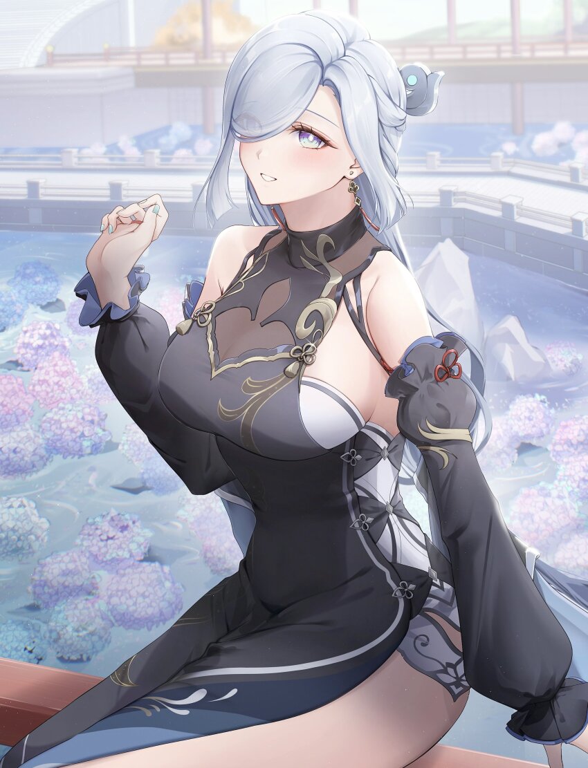 1girl absurdres alternate_costume alternate_hairstyle arano_(waikuni11) black_dress blue_hair blue_nails detached_sleeves dress genshin_impact hair_over_one_eye highres long_hair multicolored_eyes nail_polish shenhe_(genshin_impact) solo two-tone_eyes