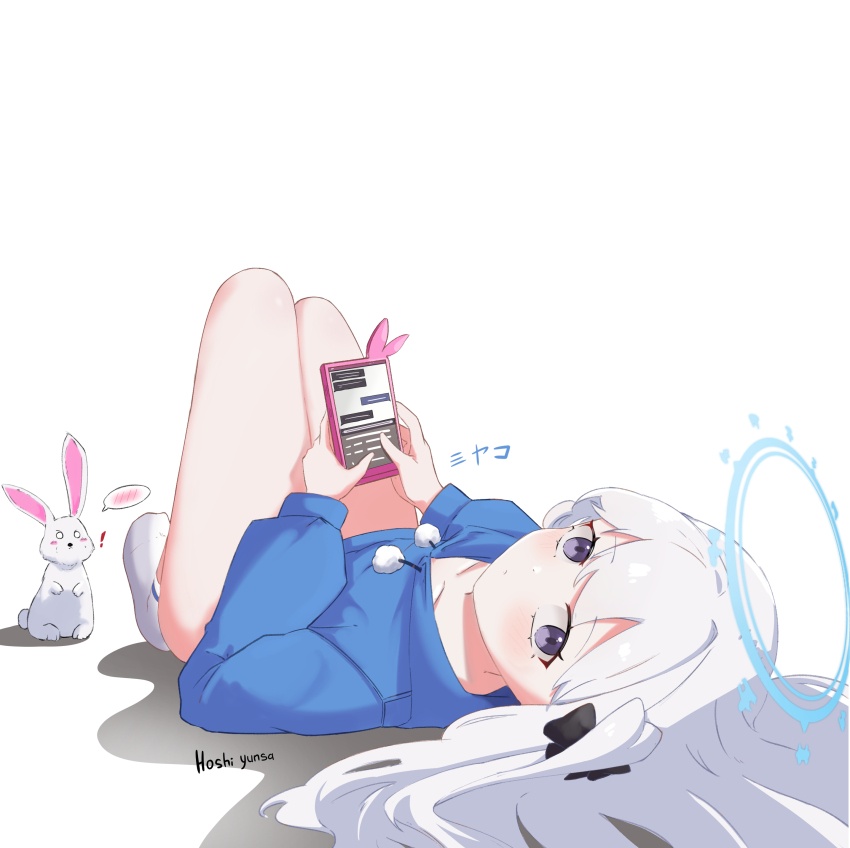 1girl absurdres animal blue_archive blue_halo blue_hoodie casual cellphone halo highres holding holding_phone hood hoodie hoshi_yunsa looking_at_viewer miyako_(blue_archive) miyako_(young)_(blue_archive) one_side_up phone rabbit simple_background smartphone spoken_blush white_background white_hair