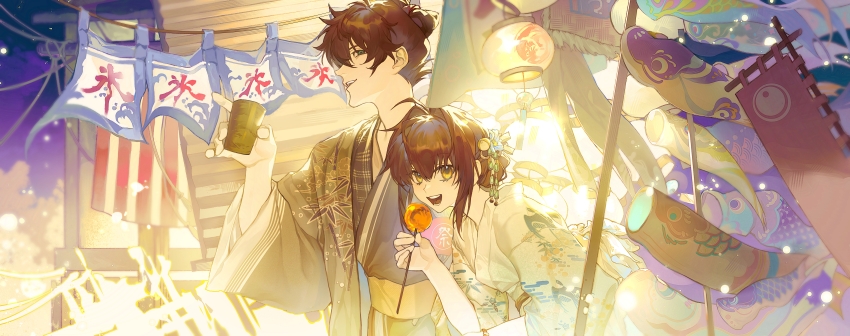 1boy 1other absurdres ahoge aizendai androgynous black_hair blue_eyes braid braided_ponytail cup fate/grand_order fate/samurai_remnant fate_(series) hair_ornament haori highres holding holding_candy_apple holding_cup japanese_clothes kimono koinobori lantern looking_at_viewer miyamoto_iori_(fate) open_mouth orange_eyes sidelocks single_braid smile summer summer_festival topknot updo windsock yamato_takeru_(fate) yukata