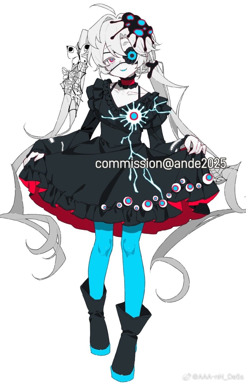 1girl aaa-nn_de5s ahoge asymmetrical_hair black_dress blue_pantyhose bug centipede clothes_lift colored_skin dress eyeball flower flower_over_eye full_body grey_hair grey_skin heterochromia highres long_sleeves monster_girl original pantyhose silk skirt skirt_lift solo spider_web standing twintails white_background