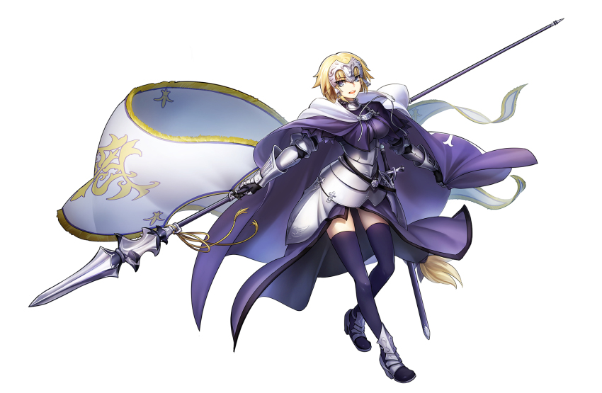 1girl :d armor armored_dress black_thighhighs blonde_hair blue_dress breasts breasts_apart dress fate_(series) female_focus full_body gauntlets highres holding holding_weapon jeanne_d&#039;arc_(fate) jeanne_d&#039;arc_(ruler)_(fate) looking_at_viewer medium_breasts open_mouth polearm purple_eyes sheath sheathed short_hair simple_background smile solo spear standing sword thighhighs todee weapon white_background