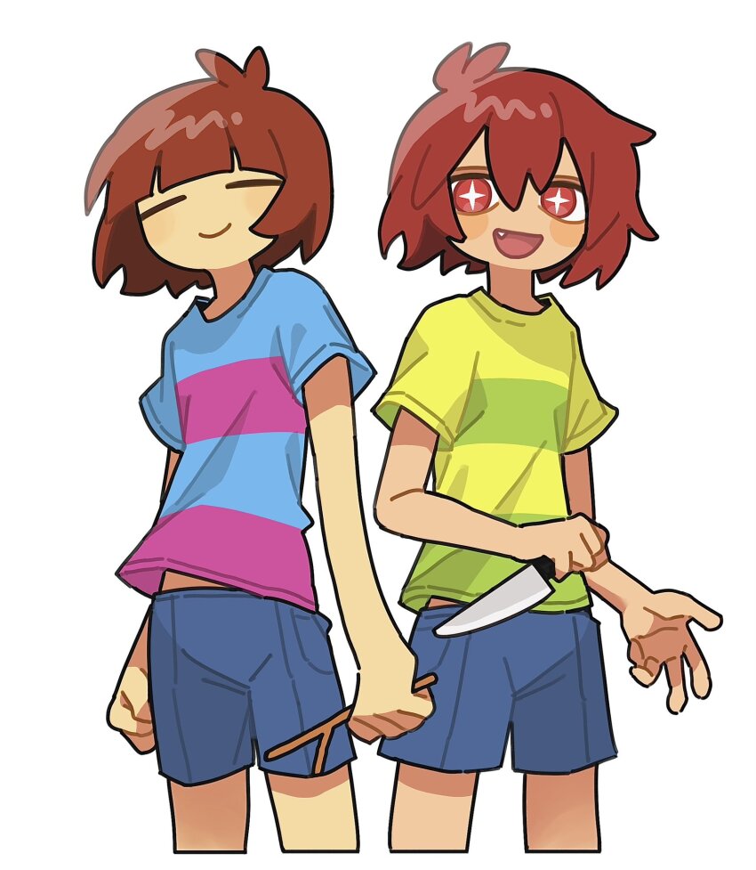 2others :d =_= alternate_sleeve_length androgynous antenna_hair blue_shirt blue_shorts blunt_bangs bright_pupils brown_hair c: chara_(undertale) child closed_eyes colored_skin cowboy_shot cropped_legs cross-shaped_pupils expressionless facing_viewer fang frisk_(undertale) green_shirt highres holding holding_knife holding_stick knife looking_at_viewer multiple_others no_nose open_mouth other_focus red_eyes shirt short_hair short_sleeves shorts simple_background smile standing stick symbol-shaped_pupils t-shirt tadeno undertale white_background white_pupils yellow_skin