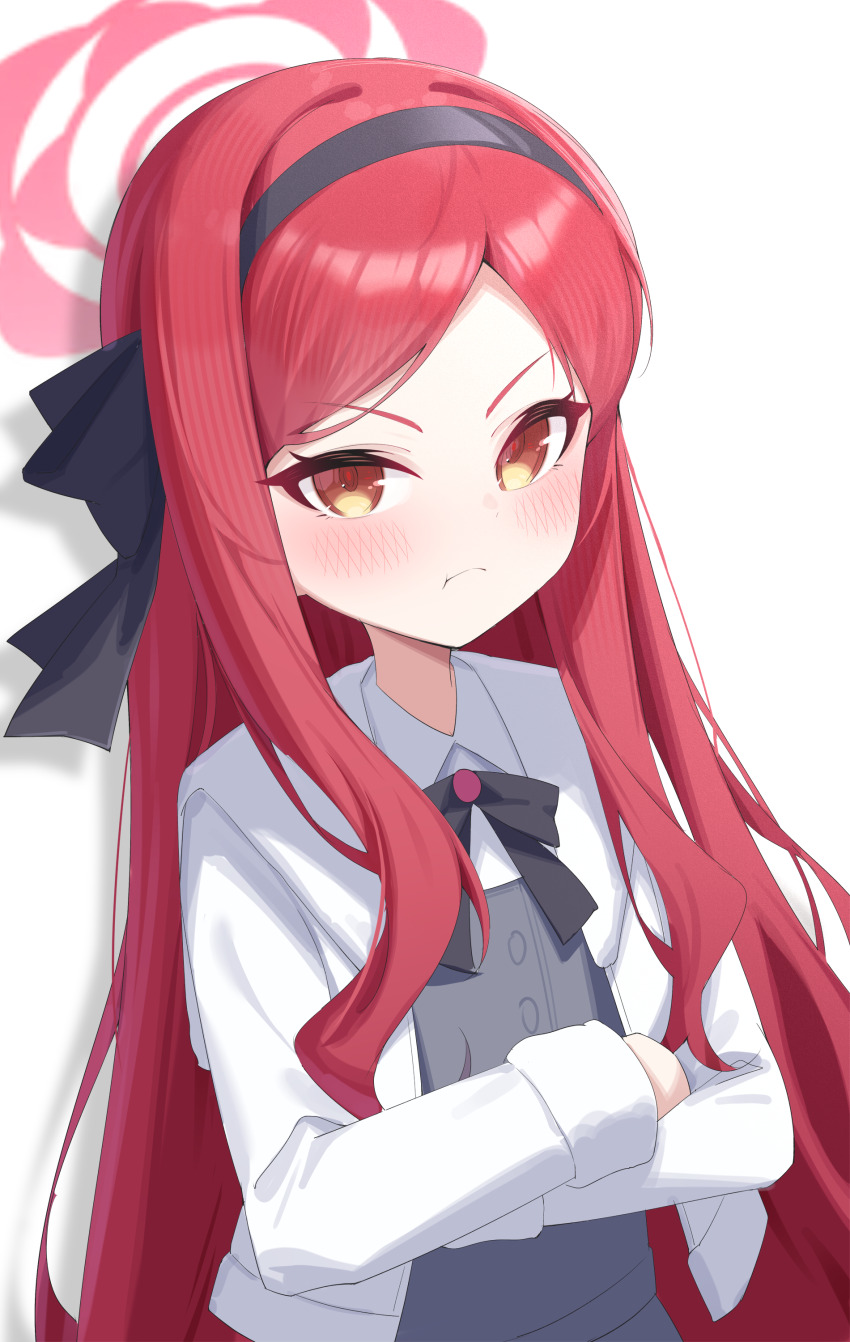 1girl :t absurdres black_hairband black_ribbon blue_archive blush collared_shirt commentary_request crossed_arms grey_shirt hairband halo highres jacket jei_(user_tckk7448) looking_at_viewer open_clothes open_jacket orange_eyes red_hair red_halo ribbon shadow shirt simple_background solo takane_(blue_archive) v-shaped_eyebrows white_background white_jacket