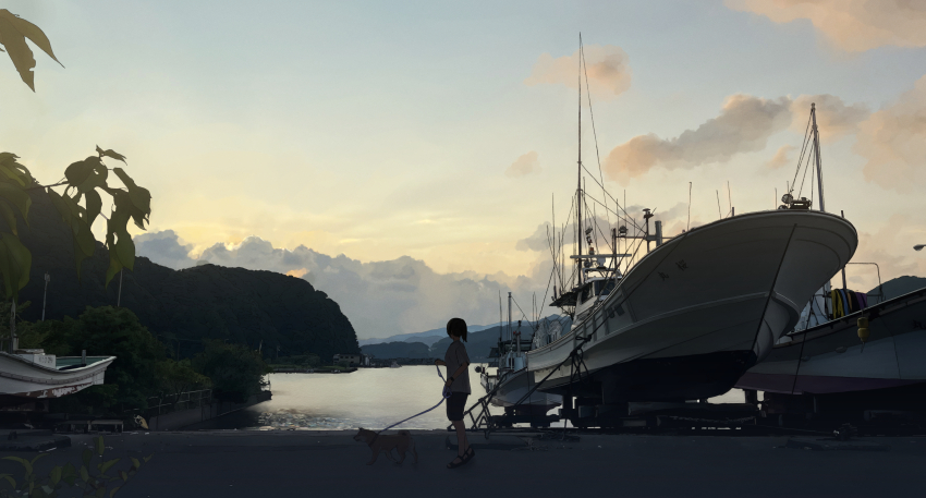 1girl black_hair blue_shorts boat cloud commentary_request dog highres medium_hair ocean original pet_walking photo-referenced ponytail real_world_location scenery short_sleeves shorts solo unagi189 watercraft wide_shot