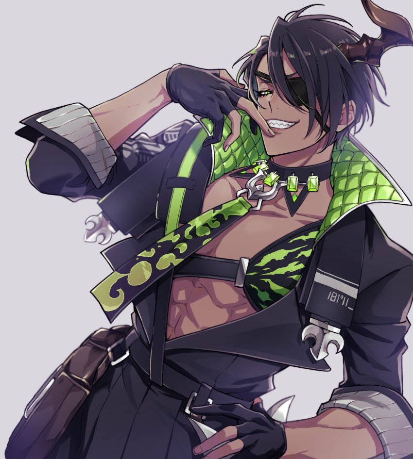 1boy abs absurdres aragami_oga belt belt_pouch black_hair black_shirt chest_guard cm10th collar dark-skinned_male dark_skin earrings eyepatch finger_to_mouth gem gloves green_eyes green_gemstone grey_background grin hair_between_eyes hand_on_own_hip hand_up high_collar highres holostars horns jewelry looking_at_viewer male_focus necktie open_clothes open_shirt partially_fingerless_gloves pectoral_cleavage pectorals pouch sam_browne_belt sharp_teeth shirt simple_background single_earring single_horn smile solo teeth upper_body virtual_youtuber
