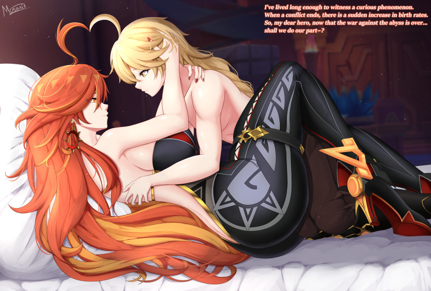 absurdres aether_(genshin_impact) ahoge ass bare_back bare_shoulders bed_sheet black_footwear blonde_hair braid commentary earrings english_commentary english_text genshin_impact heart heart_ahoge_duo high_heels highres hug jewelry leather_suit long_hair looking_at_another mavuika_(genshin_impact) musanix on_bed red_eyes red_hair red_nails signature simple_background smile thigh_gap topless_male very_long_hair yellow_eyes