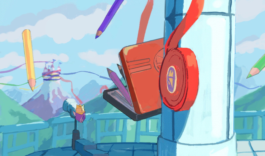 1boy blonde_hair blue_sky cape castle cloud colored_pencil colored_pencils_(paper_mario) crown day flag floating from_behind king_olly looking_through_scope mario_(series) mountain nintendo origami outdoors oversized_object paper_mario paper_mario:_the_thousand_year_door pencil pencil_case pillar princess_peach&#039;s_castle purple_cape purple_shirt railing scenery shadow shirt short_hair sky soumenhiyamugi stairs streamers telescope tower yellow_crown