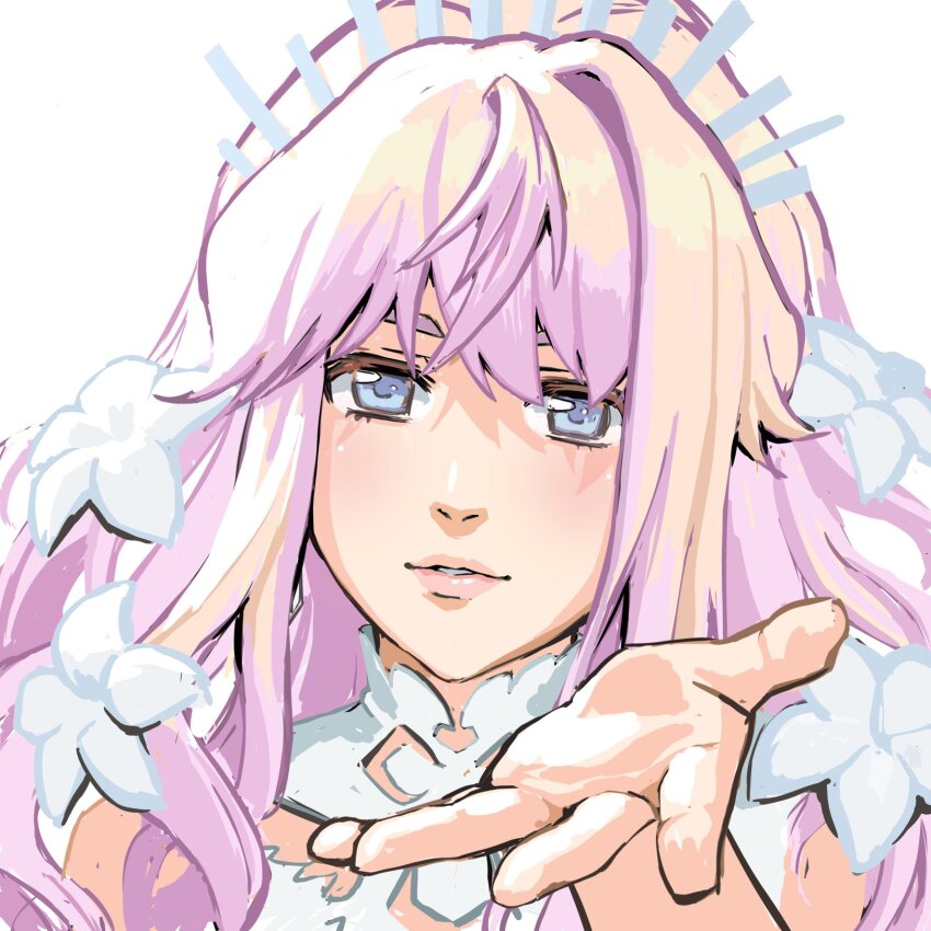 1girl blue_eyes commentary dress english_commentary flower hair_flower hair_ornament highres looking_at_viewer macross macross_frontier macross_frontier:_toki_no_meikyu nekkikamille open_hand portrait purple_hair sheryl_nome simple_background smile solo white_background white_dress white_flower