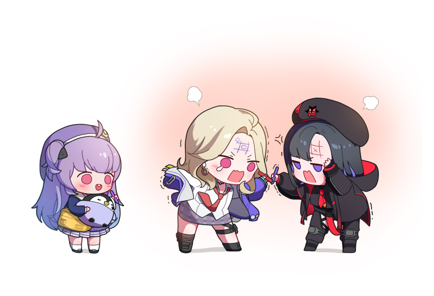 3girls ahoge asymmetrical_bangs baby_animal bag beret bird black_hair black_jacket blonde_hair blush body_writing bow chibi choker drawing_on_another&#039;s_face ein_(nikke) eunhwa_(nikke) forehead forehead_writing goddess_of_victory:_nikke gyaru hair_ornament hairclip hat highres holding holding_marker hood jacket long_hair long_sleeves marker multicolored_hair multiple_girls necktie necktie_in_pocket open_mouth paperclip penguin penguin_chick pouch purple_eyes purple_hair purple_hat purple_jacket red_eyes red_necktie rei_(nikke) school_bag school_uniform shirt skirt smile standing thigh_pouch tic-tac-toe uz_(uzru0428) white_shirt yellow_bag
