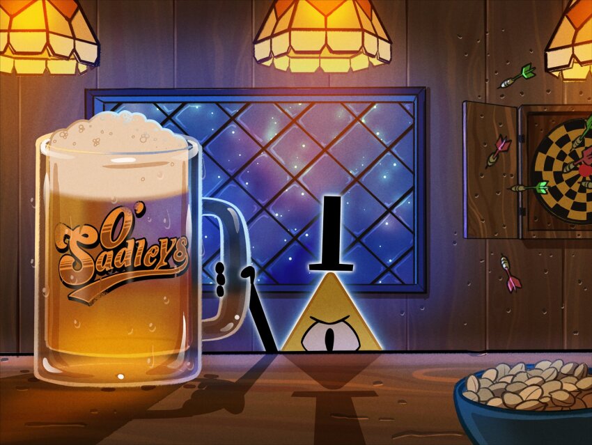1boy alcohol backlighting beer beer_mug bill_cipher black_eyes black_hat black_outline blue_outline book_of_bill bowl cashew ceiling_light cheers! condensation cup dart dartboard disney emmy_cicierega eyelashes facing_viewer furrowed_brow glass_mug glowing gravity_falls hat holding holding_cup hole indoors jpeg_artifacts light_particles logo_parody looking_at_viewer male_focus mug night no_humans official_art official_style orange_outline outline parody shadow solo straight-on table text_print toon_(style) top_hat triangle upper_body white_outline window