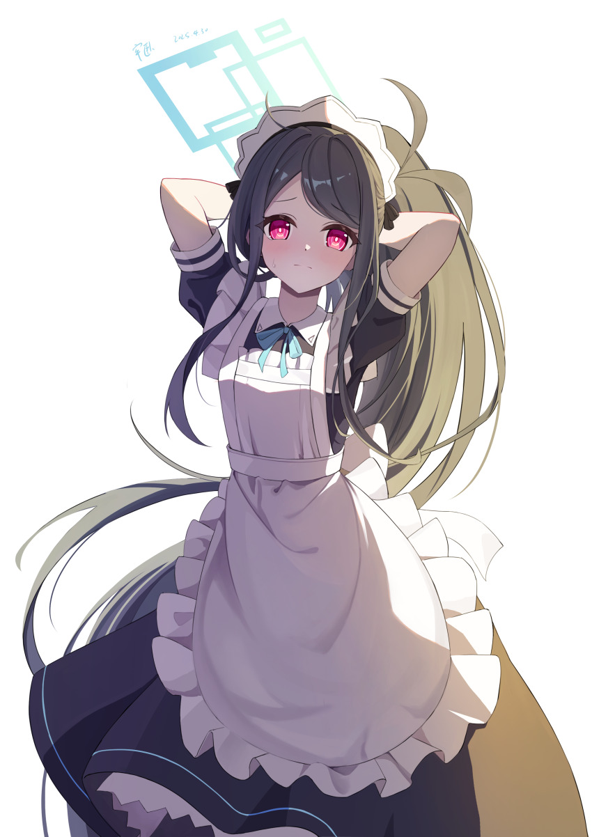 1girl 2025 absurdly_long_hair absurdres antenna_hair apron aqua_halo aqua_ribbon aris_(blue_archive) aris_(maid)_(blue_archive) arms_behind_head arms_up artist_name back_bow black_dress black_hair blue_archive blush bow bright_pupils chinese_commentary closed_mouth collared_dress commentary contrast_collar dated dress floating_hair frilled_apron frilled_dress frills furrowed_brow halo highres kei_(blue_archive) lao_wo long_hair long_sidelocks looking_at_viewer maid maid_apron maid_headdress neck_ribbon parted_bangs ponytail puffy_short_sleeves puffy_sleeves rectangular_halo red_eyes ribbon ringed_eyes short_sleeves sidelighting sidelocks signature simple_background small_sweatdrop solo split_mouth very_long_hair white_apron white_background white_bow white_headdress white_pupils