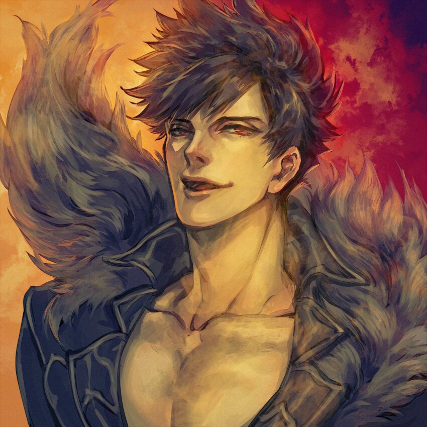 1boy bare_pectorals belial_(granblue_fantasy) black_fur black_hair black_jacket collarbone commentary_request fur_trim granblue_fantasy highres jacket kin_mokusei looking_at_viewer male_focus open_mouth pectorals red_eyes short_hair solo upper_body