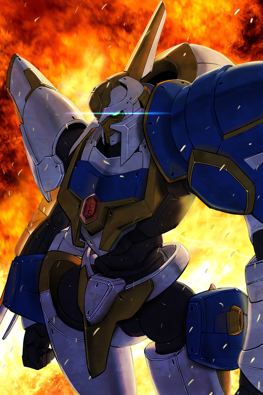 clenched_hand code_geass code_geass:_fukkatsu_no_lelouch dutch_angle explosion glowing glowing_eye highres knightmare_frame lancelot_(code_geass) lancelot_sin looking_ahead mecha neo_(neo-log) no_humans robot science_fiction solo