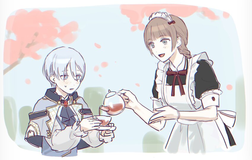 2girls alternate_hairstyle blue_hair blunt_bangs brown_hair ddbbb_bbd flower highres lavender_(flower) light_blue_hair long_sleeves maid maid_headdress mochizuki_honami multiple_girls official_alternate_hairstyle ponytail project_sekai red_ribbon relax_teatime_(project_sekai) ribbon short_hair short_sleeves smile tea yoisaki_kanade