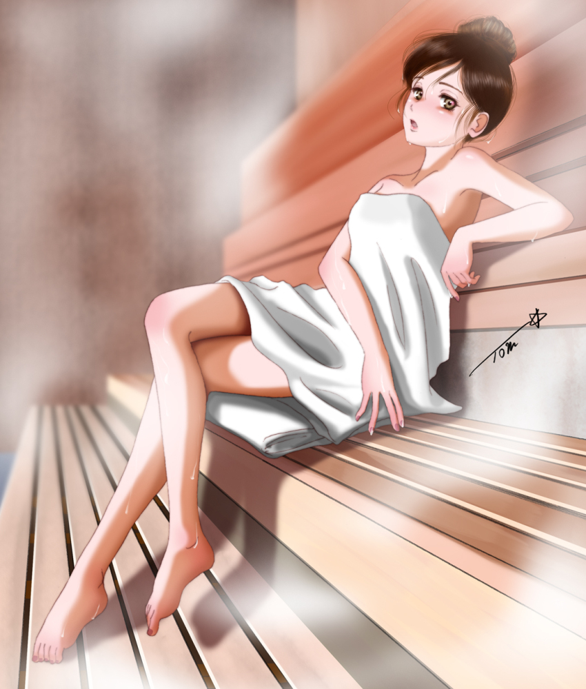 1girl barefoot brown_eyes brown_hair chutohampa collarbone full_body hair_bun highres original sauna sitting solo steam toes