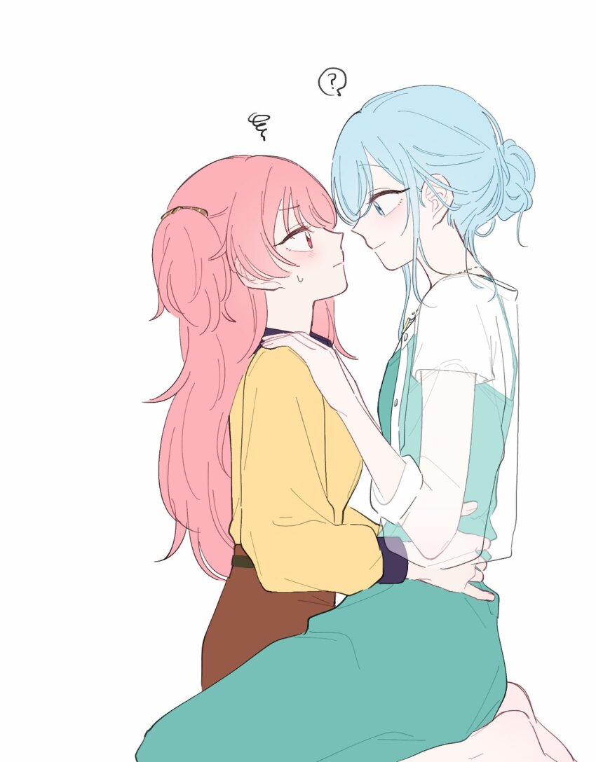 2girls ? blue_eyes blue_hair blue_skirt commentary dark_skin eye_contact from_side hair_bun hand_on_another&#039;s_waist highres hinomori_shizuku holding_own_arm long_sleeves looking_at_another momoi_airi multiple_girls noon_nerve pink_eyes pink_hair profile project_sekai see-through_clothes see-through_sleeves shirt simple_background sitting sitting_on_lap sitting_on_person skirt spoken_question_mark squiggle two_side_up white_background white_shirt yellow_shirt yuri