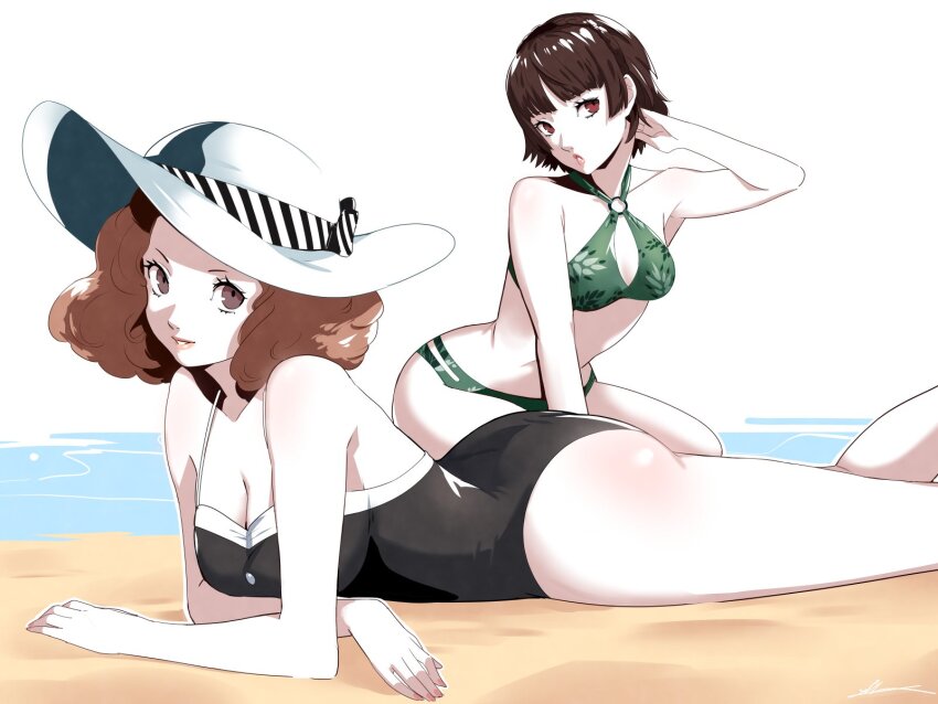 2girls :o ass beach bikini black_one-piece_swimsuit braid breasts brown_eyes brown_hair cleavage commentary crown_braid eightyfourart english_commentary green_bikini grin hat highres lips lying medium_breasts multiple_girls niijima_makoto official_alternate_costume okumura_haru one-piece_swimsuit persona persona_5 pink_lips sand sitting small_breasts smile sun_hat swimsuit water