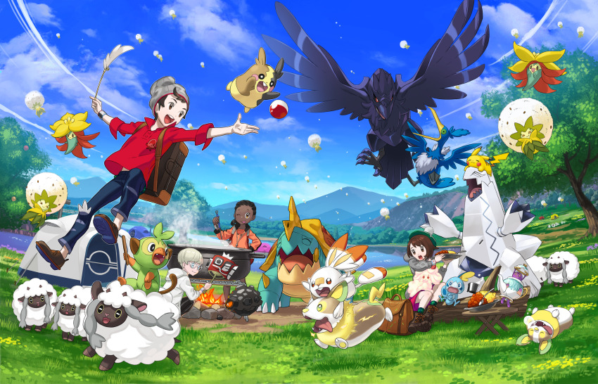 2boys 2girls :d :o ;p @_@ absurdres alcremie alcremie_(strawberry_sweet) alcremie_(vanilla_cream) artist_request ball beanie black_hair black_sclera black_shorts blue_eyes blue_pants blue_sky boots bowl_cut brown_bag brown_eyes brown_footwear brown_hair campfire cardigan closed_eyes closed_mouth cloud colored_sclera cooking cooking_pot corviknight cramorant creatures_(company) curry dark-skinned_female dark_skin denim drednaw duraludon dynamax_band eldegoss electricity fangs fire floating flying food game_freak gen_1_pokemon gen_8_pokemon glasses gloria_(pokemon) gossifleur green_eyes green_hat green_socks grey_cardigan grey_hat grookey hand_fan hat highres holding holding_ladle holding_plate holding_stick hood hood_down hooded_cardigan hooded_jacket horns jacket jeans jumping ladle lake log lying magikarp morpeko morpeko_(full) mountainous_horizon multiple_boys multiple_girls nintendo nose_bubble official_art on_back on_head one-eyed one_eye_closed open_mouth orange_eyes outdoors pants pikachu pink_shirt pink_skirt plate poke_toy pokemon pokemon_(creature) pokemon_on_head pokemon_swsh polteageist pom_pom_(clothes) red_eyes red_shirt riding riding_pokemon rolycoly scorbunny second-party_source sharp_teeth shirt shoes short_hair shorts sitting sitting_on_log skirt sky sleeping smile sobble socks spoon standing steam stick table talons tam_o&#039;_shanter teeth tent tongue tongue_out torn_clothes torn_jeans torn_pants tree upper_teeth_only very_short_hair victor_(pokemon) water white-framed_eyewear white_hair white_jacket wind wings wooden_table wooloo yamper yellow_eyes
