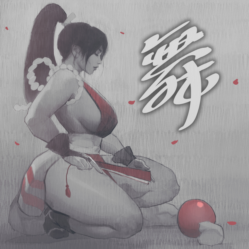 1girl arm_guards bad_tag bare_shoulders black_hair breasts closed_eyes closed_mouth commentary crossover english_commentary falling_petals fatal_fury folded_fan folding_fan from_side hand_fan high_ponytail highres holding holding_fan ickpot japanese_clothes large_breasts long_hair motoyui ninja pelvic_curtain petals ponytail revealing_clothes rope shiranui_mai sideboob sidelocks snk solo squatting street_fighter street_fighter_6 the_king_of_fighters thick_thighs thighs translation_request