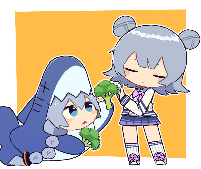 2girls animal_costume blue_eyes blue_skirt blunt_bangs blush_stickers border bow bowtie braid broccoli chibi chibi_only closed_eyes closed_mouth commentary_request double_bun food full_body grey_hair hair_between_eyes hair_bun highres holding holding_food holding_vegetable kizuna_akari koharu_rikka konohoshi long_hair long_sleeves multiple_girls open_mouth orange_background outline outside_border pink_bow pink_bowtie pink_shoes pleated_skirt rejection shark_costume shirt shoes short_hair simple_background skirt socks standing vegetable vocaloid voiceroid white_border white_outline white_shirt white_socks