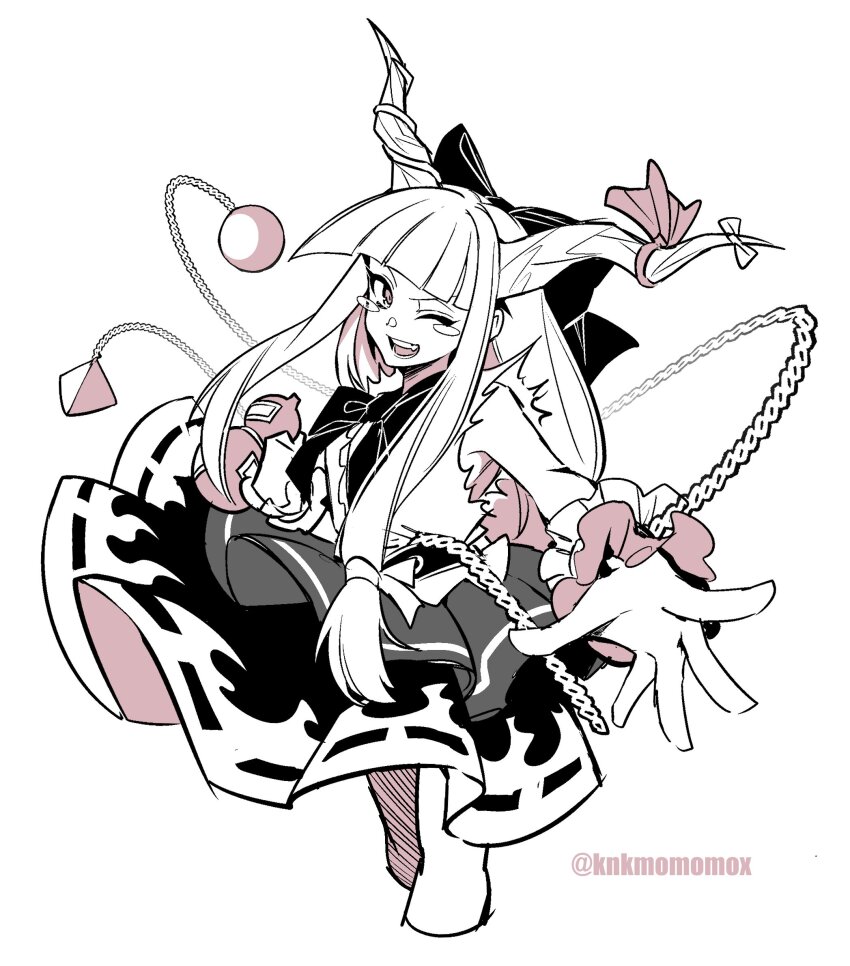1girl blush blush_stickers bow chain gourd greyscale hair_bow highres horn_ornament horn_ribbon horns ibuki_suika kamenozoki_momomo long_hair looking_at_viewer monochrome one_eye_closed oni open_mouth outstretched_arm red_eyes ribbon shirt simple_background skirt sleeveless smile solo spot_color touhou twitter_username white_background