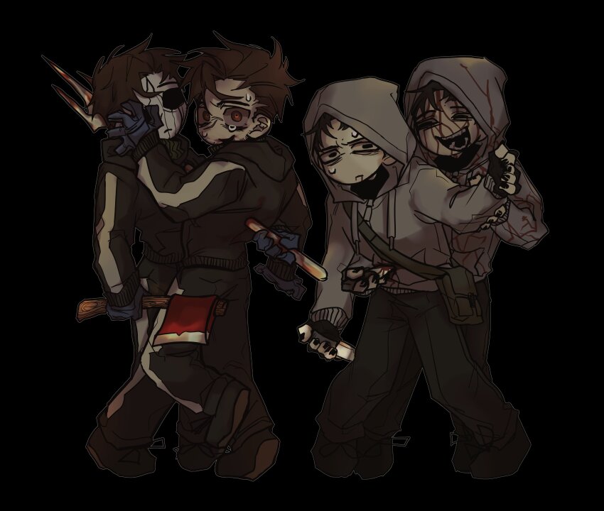 4boys :/ absurdres axe bag bags_under_eyes black_background black_eyes black_gloves black_hair black_nails blood blood_on_mouth bloodshot_eyes bloody_knife bloody_weapon brown_eyes brown_hair crazy_grin cry_of_fear david_leatherhoff dual_persona empty_eyes fingerless_gloves fire_axe full_body gloves grey_hoodie hand_grab hand_on_another&#039;s_face highres holding holding_axe holding_knife hood hood_up hoodie impaled injury ju-san knife leaning_forward looking_at_viewer messy_hair multiple_boys open_mouth pitchfork short_hair shoulder_bag simon_henriksson simon_henriksson_(book) stab sweatdrop teeth the_addiction_(afraid_of_monsters) weapon