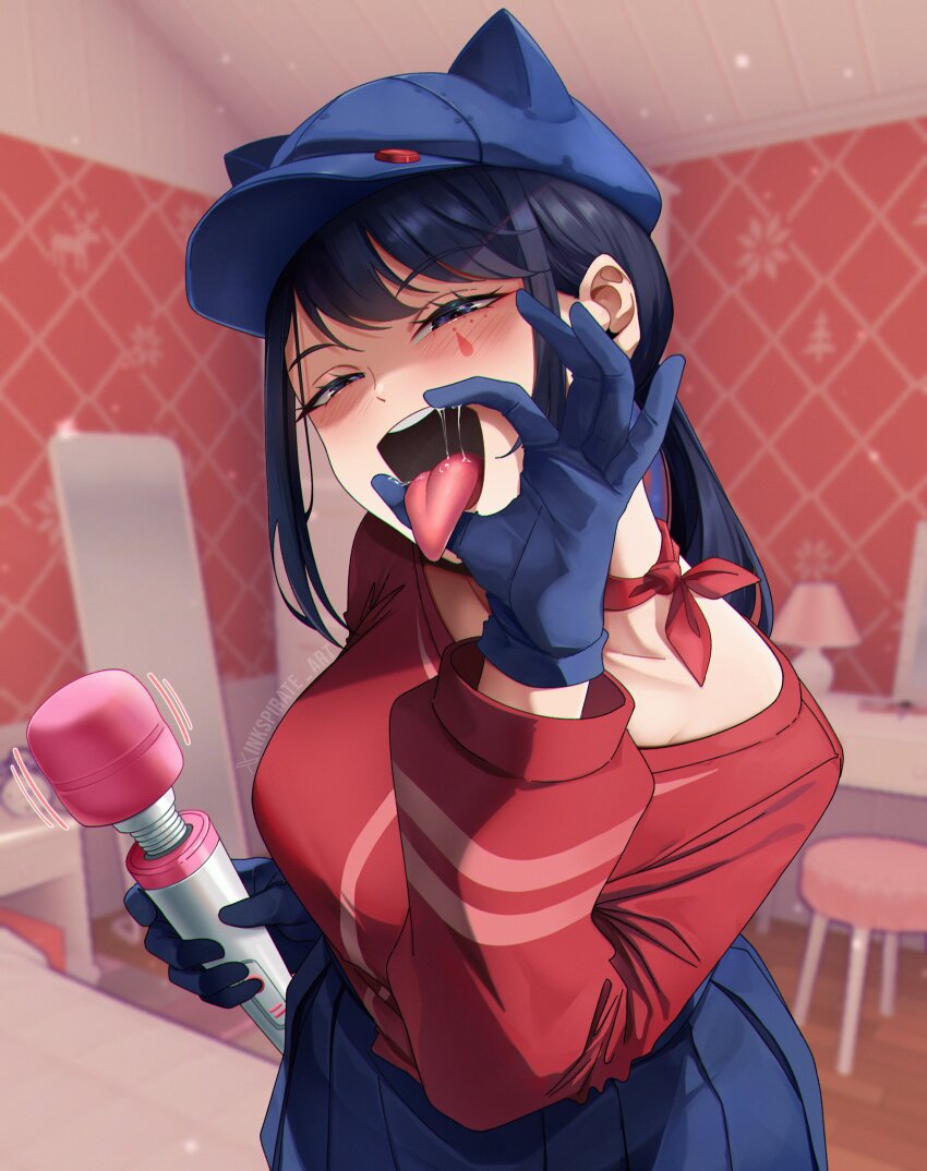 1girl absurdres bed bedroom blue_eyes blue_gloves blue_hair blue_hat blue_skirt breasts commentary cool_mita_(miside) dildo fellatio_gesture gloves hair_ornament hairclip hat highres hitachi_magic_wand holding holding_sex_toy indoors inkspirate large_breasts long_hair long_sleeves looking_at_viewer low_twintails miside mita_(miside) open_mouth pleated_skirt red_shirt saliva sex_toy shirt skirt solo teardrop_facial_mark tongue tongue_out twintails vibrator