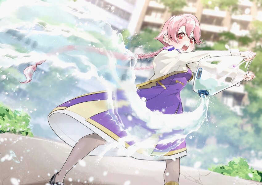 1girl aogirism apocalypse_hotel artist_name black_shoes blurry blurry_background braid breasts brown_hair building commentary cropped_jacket dress dutch_angle dynamic_pose hair_between_eyes highres jacket long_hair mary_janes open_mouth orange_eyes outdoors pantyhose plant purple_dress purple_scarf scarf shoes sleeve_cuffs small_breasts solo splashing standing teeth twin_braids twintails twitter_username upper_teeth_only very_long_hair water white_jacket yachiyo_(apocalypse_hotel)