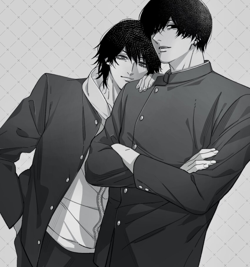 2boys black_eyes black_hair black_jacket black_pants chainsaw_man closed_mouth fourth_east_high_school_uniform grey_background grey_eyes grey_hoodie greyscale grid_background hair_between_eyes hair_over_one_eye hand_on_another&#039;s_shoulder highres hood hood_down hoodie jacket light_smile male_focus mole mole_under_mouth monochrome multiple_boys open_clothes open_jacket pants parted_lips school_uniform siraco_(sira5_3) sugo_miri teeth upper_body yoshida_hirofumi