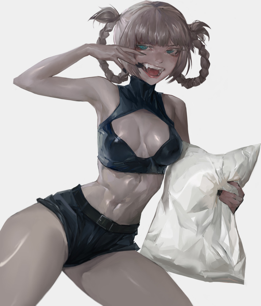 1girl absurdres aqua_eyes black_nails black_shorts black_tank_top blunt_bangs breasts cleavage_cutout clothing_cutout crop_top fangs grey_hair hair_rings highres holding holding_pillow looking_at_viewer medium_breasts nanakusa_nazuna_(yofukashi_no_uta) navel open_mouth pillow ringed_eyes short_shorts shorts simple_background sleeveless sleeveless_turtleneck sleeveless_turtleneck_crop_top tank_top tristan_mori turtleneck turtleneck_crop_top vampire white_background yofukashi_no_uta