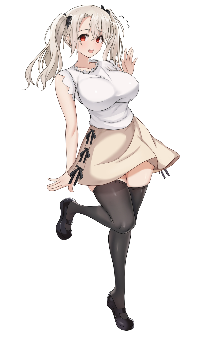 1girl absurdres alternate_breast_size blush breasts cleavage curvy fate/kaleid_liner_prisma_illya fate_(series) full_body highres illyasviel_von_einzbern large_breasts long_hair mature_female open_mouth prisma_illya red_eyes shoes shokobr simple_background skirt smile solo standing thighs twintails white_background white_hair