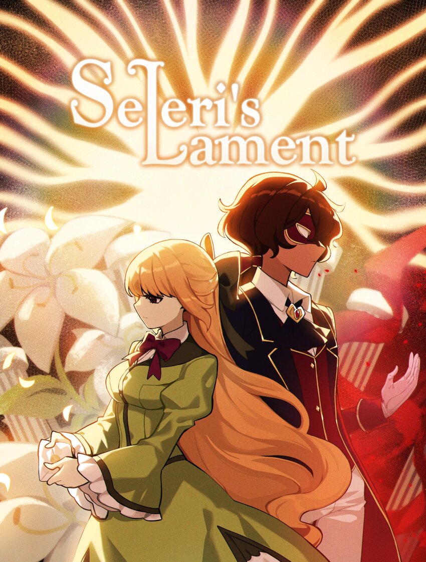 1boy 1girl absurdres back-to-back blue_coat blunt_bangs bow brown_hair coat dark-skinned_male dark_skin dilion_(seleri&#039;s_lament) dress flower gloves green_dress hair_bow highres lily_(flower) long_hair long_sleeves mask official_art orange_hair pants pink_eyes ponytail puffy_long_sleeves puffy_sleeves raingarita seleri&#039;s_lament seleri_(seleri&#039;s_lament) short_ponytail white_pants