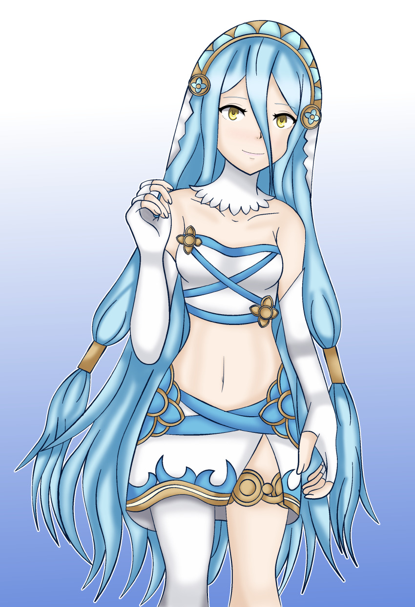 1girl absurdres aqua_hair arm_at_side armpit_crease azura_(fire_emblem) bra breasts clenched_hands collarbone detached_collar elbow_gloves eyelashes female_focus fingerless_gloves fire_emblem fire_emblem_fates fire_emblem_warriors gloves gradient_background hair_between_eyes hand_up highres intelligent_systems jewelry leaning_to_the_side legs light_smile long_bangs long_hair looking_at_viewer low-tied_long_hair matching_underwear medium_breasts midriff miniskirt navel neck nintendo official_alternate_costume official_underwear print_bra side_slit sidelocks single_thighhigh skirt sonicheroxd sports_bra standing strapless strapless_bra thighhighs thighlet underwear underwear_only veil very_long_hair white_bra white_gloves white_thighhighs yellow_eyes