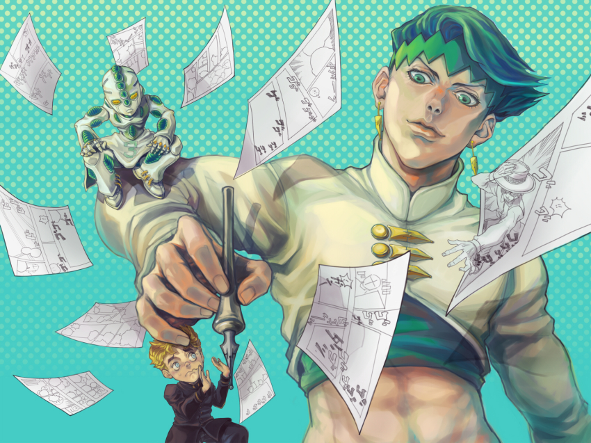 2boys 4boys black_hair blonde_hair earrings echoes_(stand) echoes_act3 green_eyes headband heaven&#039;s_door highres hirose_koichi jewelry jojo_no_kimyou_na_bouken killuaz1130 kishibe_rohan male_focus mini_person miniboy multiple_boys pen stand_(jojo)