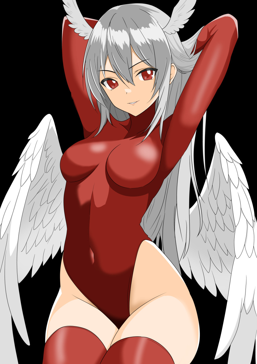 1girl absurdres angel_wings arms_up breasts covered_navel final_fantasy final_fantasy_tactics gloves grey_hair groin head_wings highleg highleg_leotard highres leotard long_hair looking_at_viewer medium_breasts red_eyes red_leotard red_thighhighs simple_background smile solo thighhighs ultima_(fft) white_hair wings yuuyuu_(3jjbn)