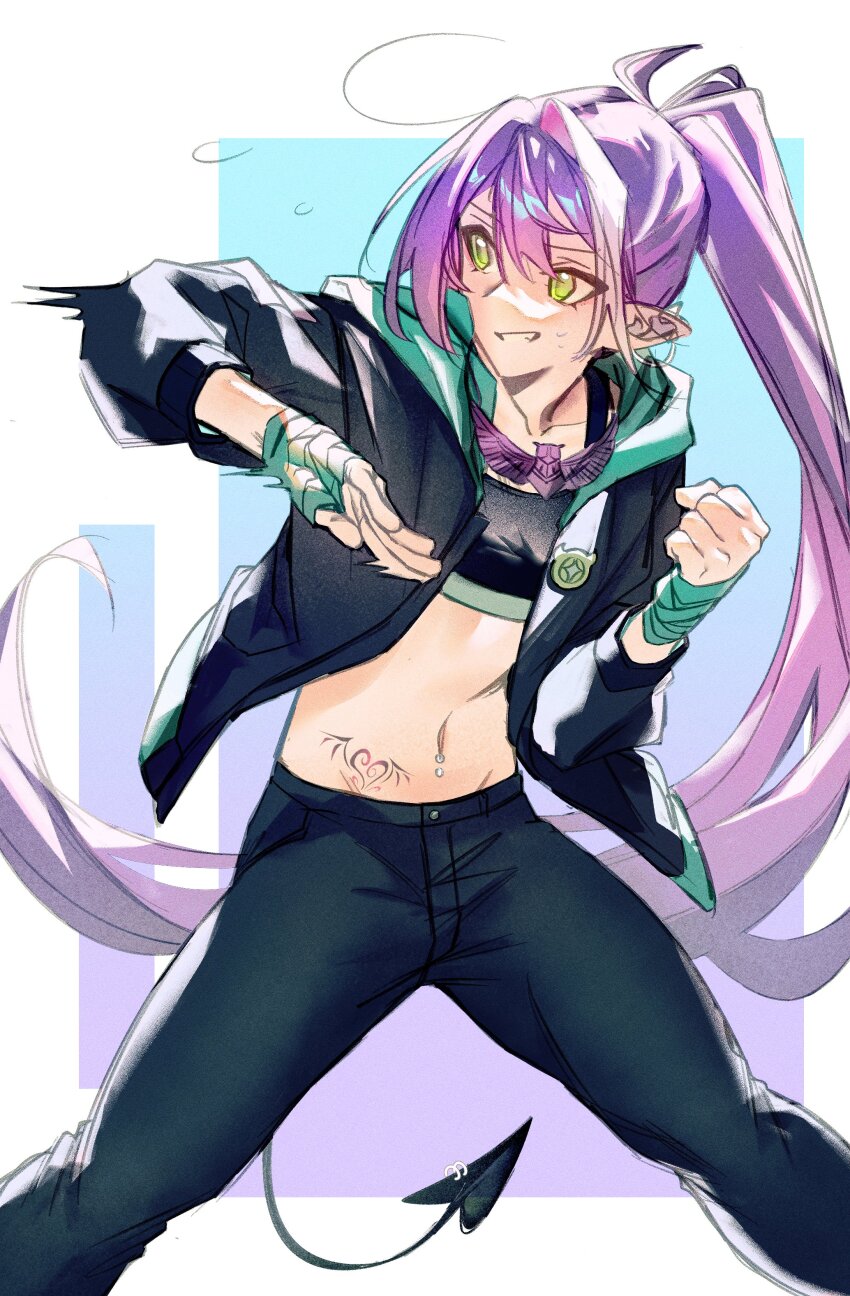 1girl absurdres bandaged_hand black_pants ear_piercing green_eyes highres hololive legzy navel navel_piercing pants piercing pointy_ears purple_hair solo stomach stomach_tattoo tail tank_top tattoo tokoyami_towa virtual_youtuber