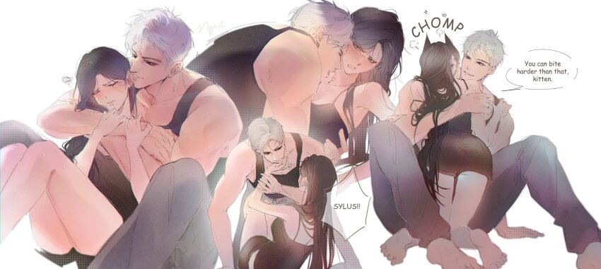 1boy 1girl animal_ears biting black_dress blush brown_hair cat_ears closed_eyes collarbone couple dress hetero highres long_hair love_and_deepspace multiple_views ng_ai0 pants parted_bangs protagonist_(love_and_deepspace) shy sitting speech_bubble sylus_(love_and_deepspace) white_background white_hair