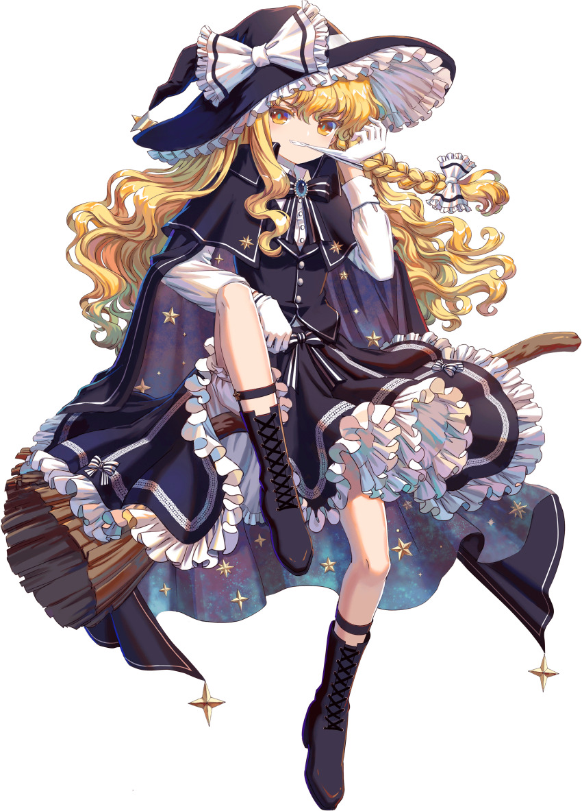 1girl absurdres adapted_costume biting biting_glove black_boots black_cape black_hat black_ribbon black_skirt black_vest blonde_hair bloomers blue_gemstone boots bow braid broom broom_riding buttons cape collared_shirt frilled_bow frilled_skirt frills full_body game_cg gem gloves grin hat highres kirisame_marisa kumio long_sleeves non-web_source ribbon shin_strap shirt side_braid skirt smile space_print star_(symbol) starry_sky_print tachi-e touhou touhou_blooming_chaos transparent_background underwear vest white_bloomers white_bow white_gloves white_shirt witch_hat yellow_eyes