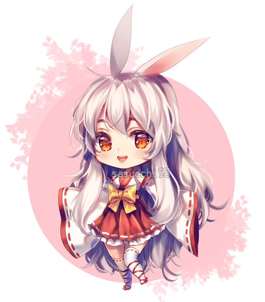 1girl :d absurdly_long_hair aki_(sasucchi95) animal_ears artist_name blush border bow chibi chibi_only commentary double-parted_bangs english_commentary frilled_skirt frills full_body hair_between_eyes high-waist_skirt highres japanese_clothes kimono kimono_skirt long_hair long_sleeves looking_at_viewer open_mouth original pink_background rabbit_ears rabbit_girl red_eyes red_shoes red_skirt red_trim round_border round_teeth sasucchi95 shoes sidelocks simple_background skirt sleeveless sleeveless_kimono sleeves_past_fingers sleeves_past_wrists smile solo standing standing_on_one_leg teeth thighhighs tongue transparent_border upper_teeth_only very_long_hair white_hair white_kimono white_sleeves white_thighhighs wide_sleeves yellow_bow zettai_ryouiki