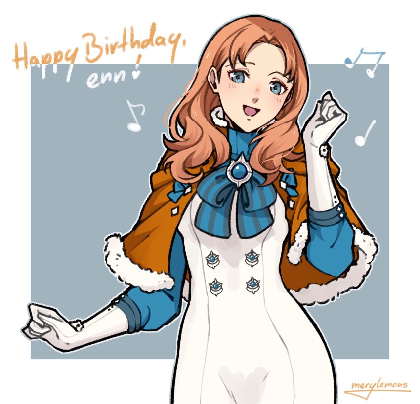 1girl annette_fantine_dominic blue_eyes blue_ribbon cloak dress fire_emblem fire_emblem:_three_houses fur_trim gloves highres long_hair merylemons music musical_note nintendo orange_cloak orange_hair ribbon singing solo white_dress white_gloves wide_hips