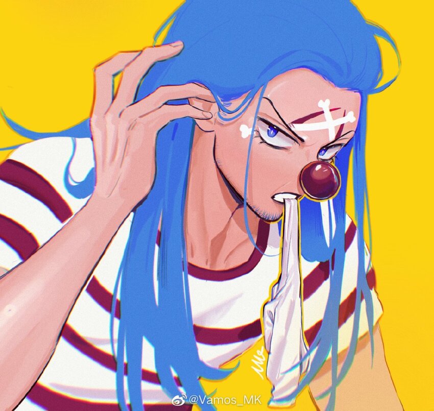 1boy adam&#039;s_apple blue_eyes blue_hair buggy_the_clown clown_nose eyelashes facepaint glove_in_mouth gloves long_hair looking_at_viewer male_focus mouth_hold one_piece shirt short_sleeves simple_background solo striped_clothes striped_shirt teeth_hold upper_body vamos_mk