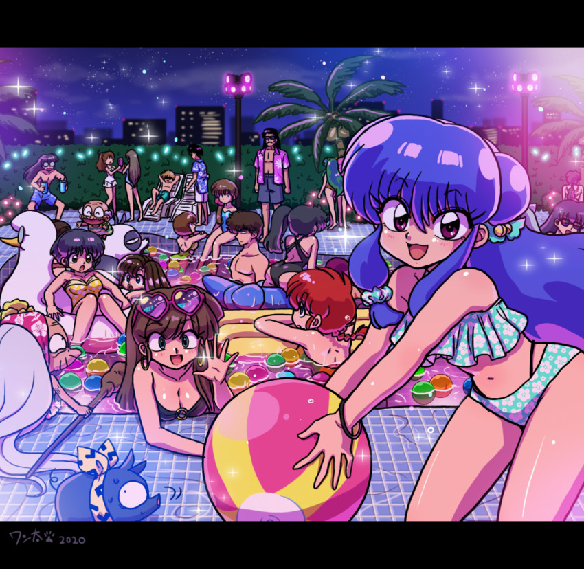 6+boys 6+girls artist_name ass ball bandana beachball bikini black_hair blue_male_swimwear blue_swim_trunks braid breasts brown_hair cityscape cleavage cologne_(ranma_1/2) duck_innertube earrings eyewear_on_head floating floating_object floral_print frilled_bikini frills genderswap genderswap_(mtf) glasses green_hair hair_ornament happosai hawaiian_shirt heart heart-shaped_eyewear inflatable_raft innertube jewelry kunou_kocho kunou_kodachi kunou_tatewaki kuonji_ukyou long_hair looking_at_viewer lum male_swimwear mousse_(ranma_1/2) multiple_boys multiple_girls navel night ninomiya_hinako o-ring old old_man old_woman one-piece_swimsuit open_mouth p-chan palm_tree panda ponytail pool poolside print_bikini print_swimsuit purple_hair ranma-chan ranma_1/2 red_hair saotome_genma saotome_ranma shampoo_(ranma_1/2) shirt side_ponytail sidelocks smile sparkle swim_ring swim_trunks swimsuit tendou_akane tendou_kasumi tendou_nabiki tendou_souun tree wanta_(futoshi) water white_male_swimwear white_swim_trunks