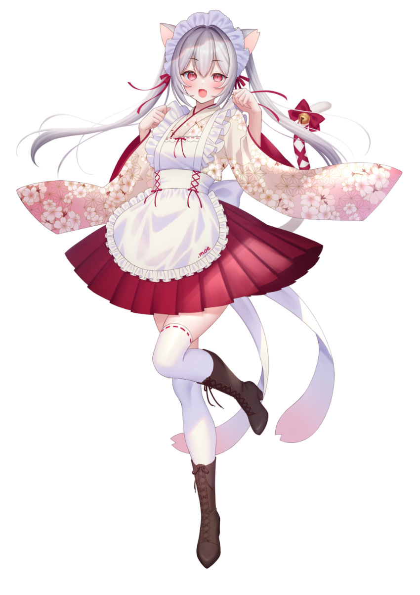 1girl :d animal_ears apron bell boots bow brown_boots cat_ears cat_girl cat_tail commentary_request fang floral_print frilled_apron frills grey_hair grey_kimono hair_between_eyes highres japanese_clothes jingle_bell kimono lace-up_boots long_hair long_sleeves looking_at_viewer maid maid_apron maid_headdress open_mouth original pleated_skirt print_kimono red_bow red_eyes red_skirt ribbon-trimmed_legwear ribbon_trim sakura_shiho skirt smile solo standing standing_on_one_leg tail tail_bell tail_bow tail_ornament thighhighs thighhighs_under_boots twintails very_long_hair wa_maid white_apron white_thighhighs wide_sleeves