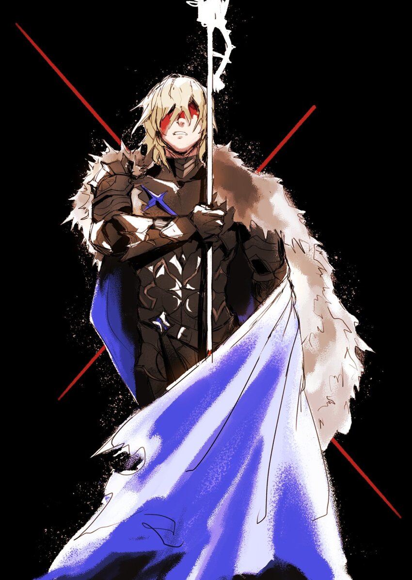 1boy areadbhar_(fire_emblem) arm_up armor black_armor black_background blonde_hair blood blood_on_face blue_cape breastplate cape commentary covered_eyes crossed_bangs dimitri_alexandre_blaiddyd dimitri_alexandre_blaiddyd_(timeskip) english_commentary fire_emblem fire_emblem:_three_houses gauntlets hair_between_eyes highres holding holding_polearm holding_weapon kairoskairo male_focus nintendo ornate_weapon parted_lips polearm solo teeth torn_cape torn_clothes weapon white_fur